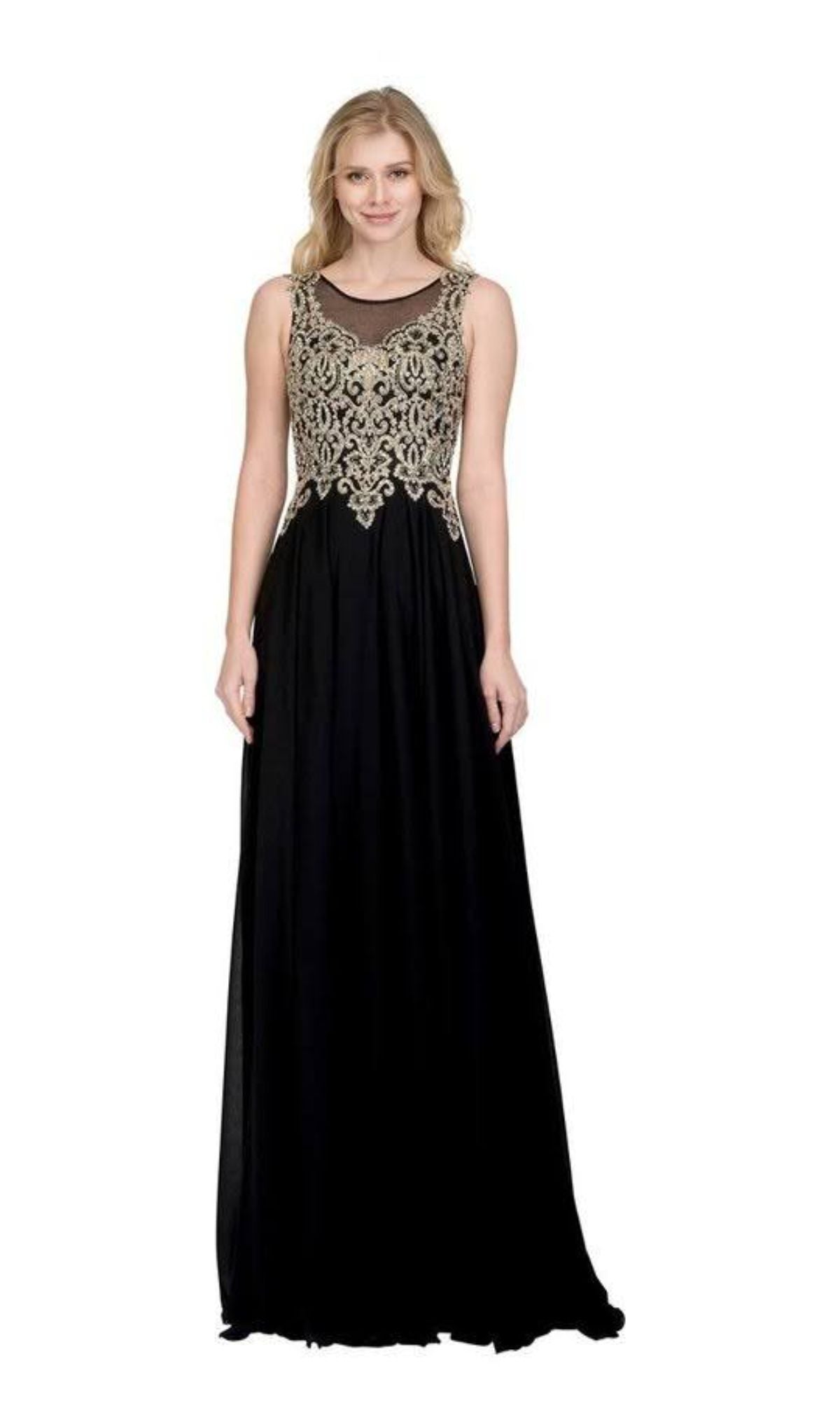 Gold-Lace Bodice Long Prom Dress: Chicas C9156