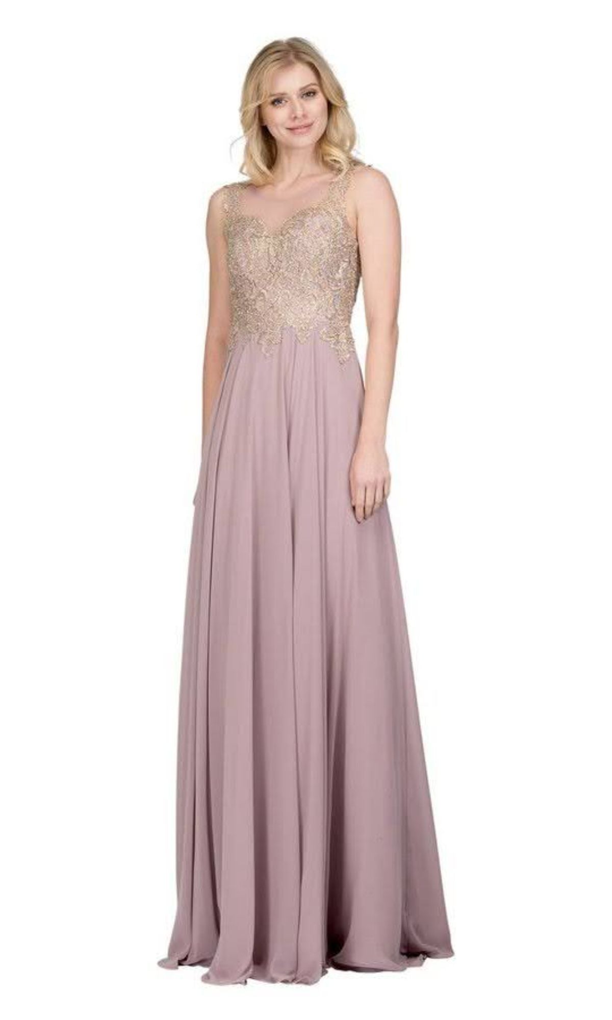 Gold-Lace Bodice Long Prom Dress: Chicas C9156