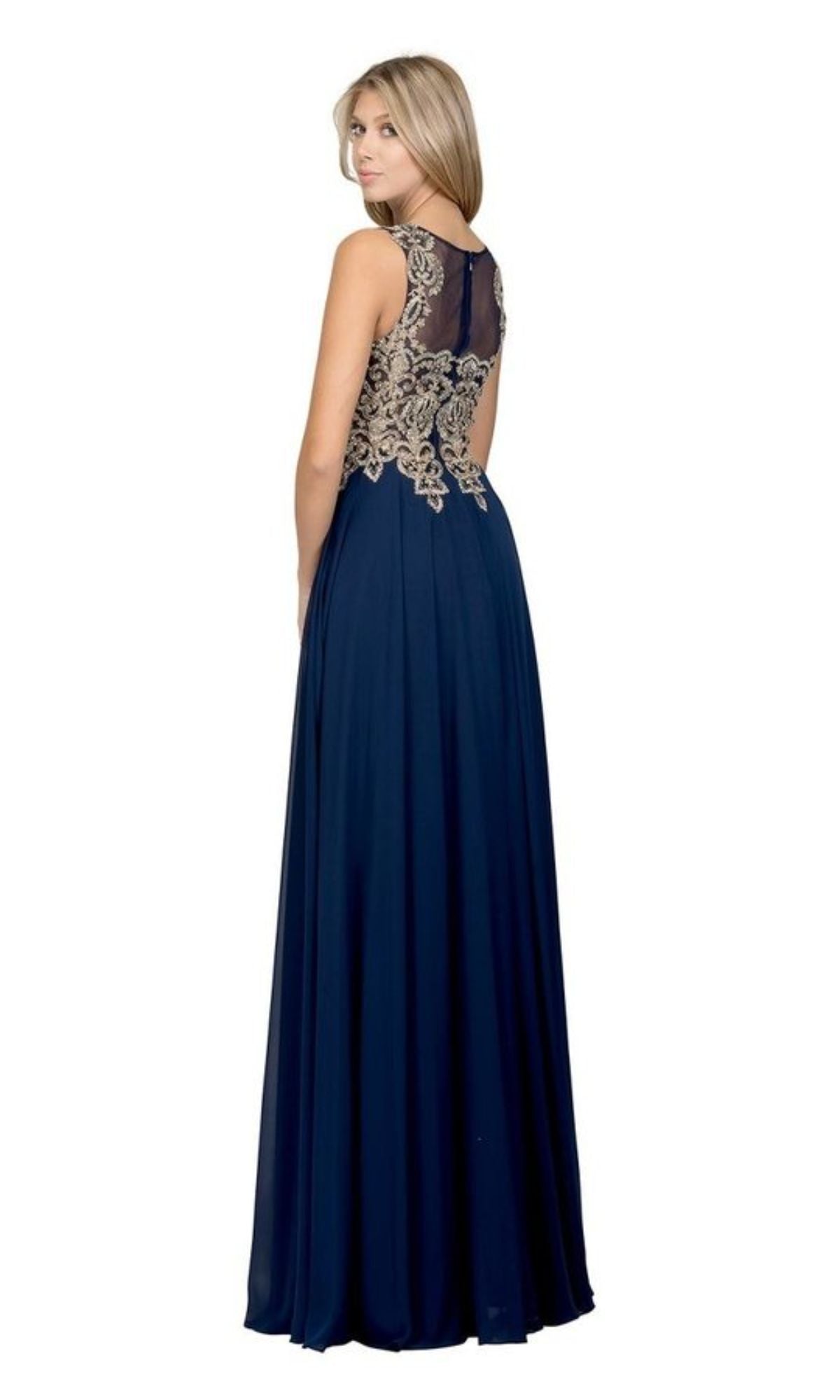 Gold-Lace Bodice Long Prom Dress: Chicas C9156