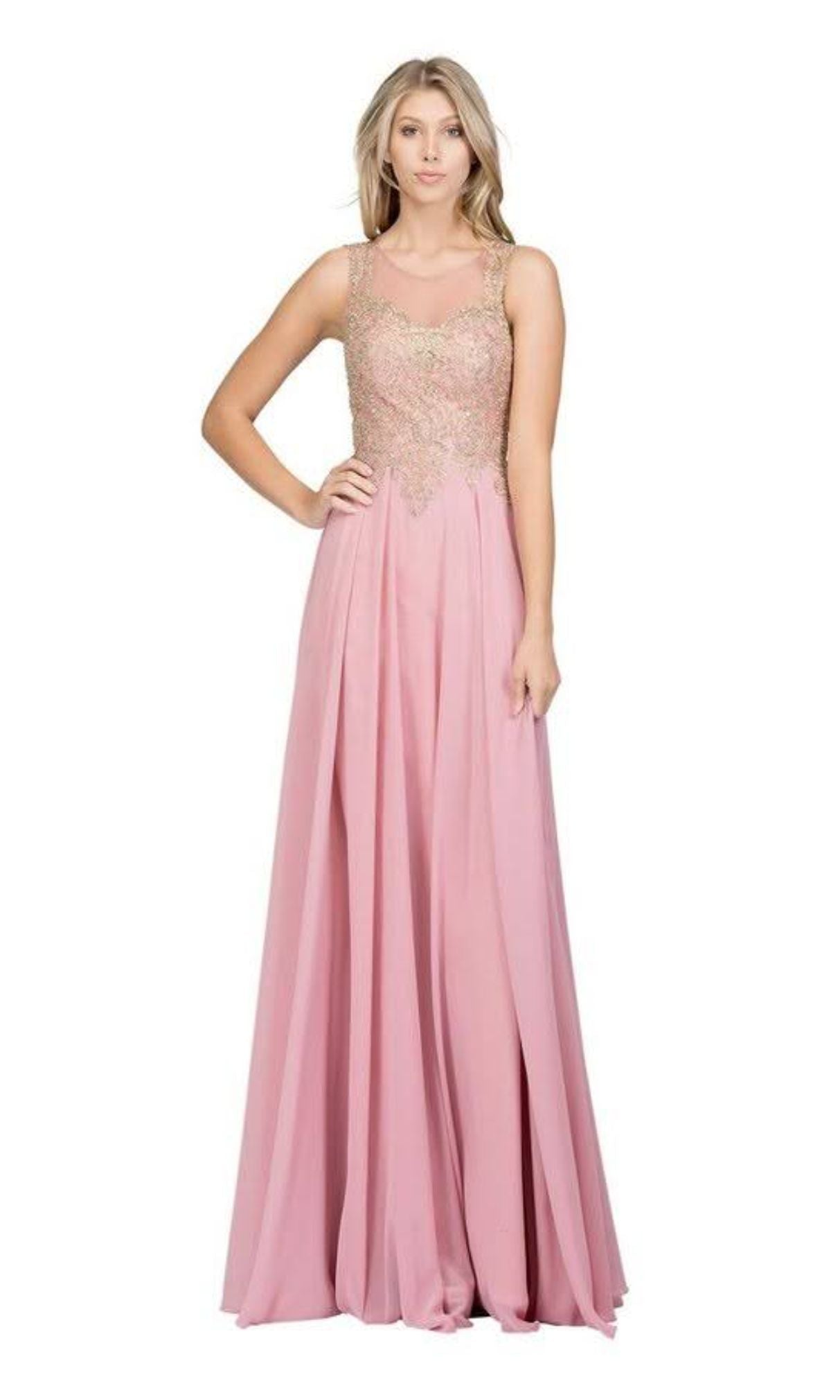 Gold-Lace Bodice Long Prom Dress: Chicas C9156