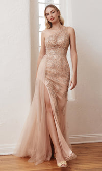 One-Shoulder Rose Gold Long Formal Gown CB098