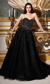 Jeweled Long Black Strapless Prom Ball Gown CB114