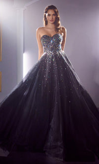 Jeweled Long Black Strapless Prom Ball Gown CB114