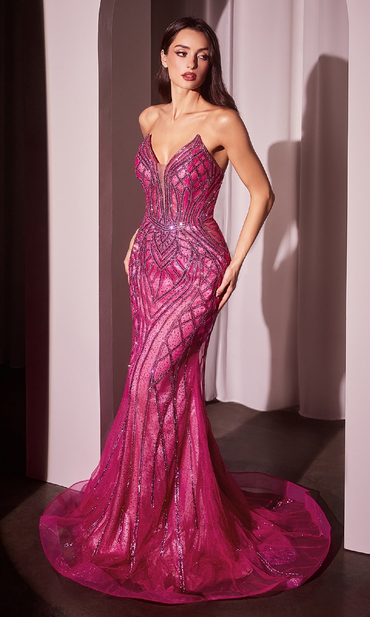 Strapless Long Sequin-Print Prom Dress CC6018