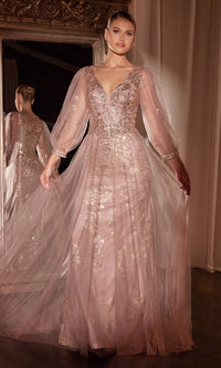 Sheer-Sleeve Long Prom Dress: Nox Anabel CD0102