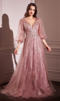 Sheer-Sleeve Long Prom Dress: Nox Anabel CD0102