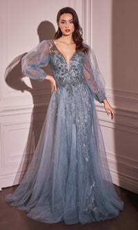 Sheer-Sleeve Long Prom Dress: Nox Anabel CD0102