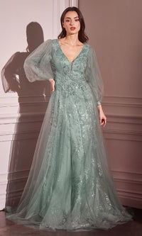 Sheer-Sleeve Long Prom Dress: Nox Anabel CD0102