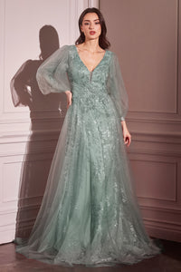 Sheer-Sleeve Long Prom Dress: Nox Anabel CD0102