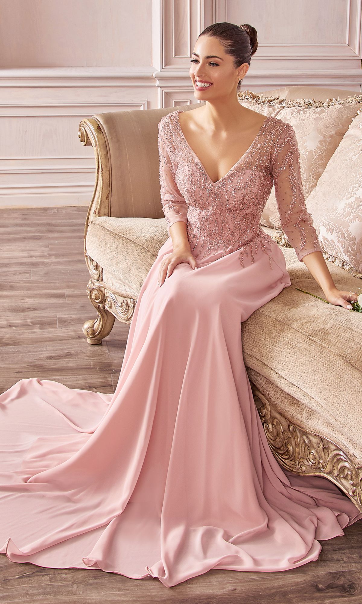 Glitter-Bodice Long Prom Dress: Ladivine CD0171