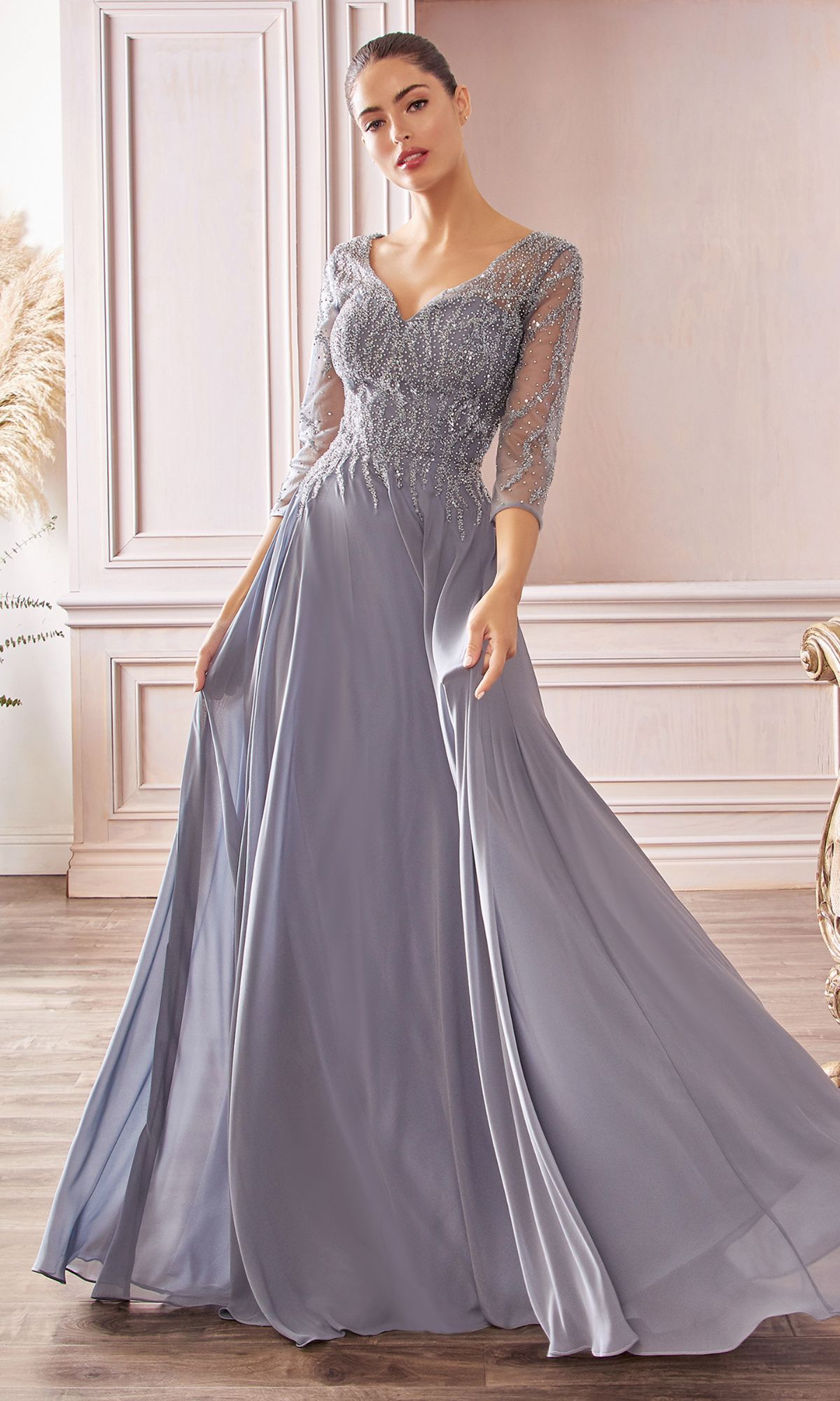 Glitter-Bodice Long Prom Dress: Ladivine CD0171