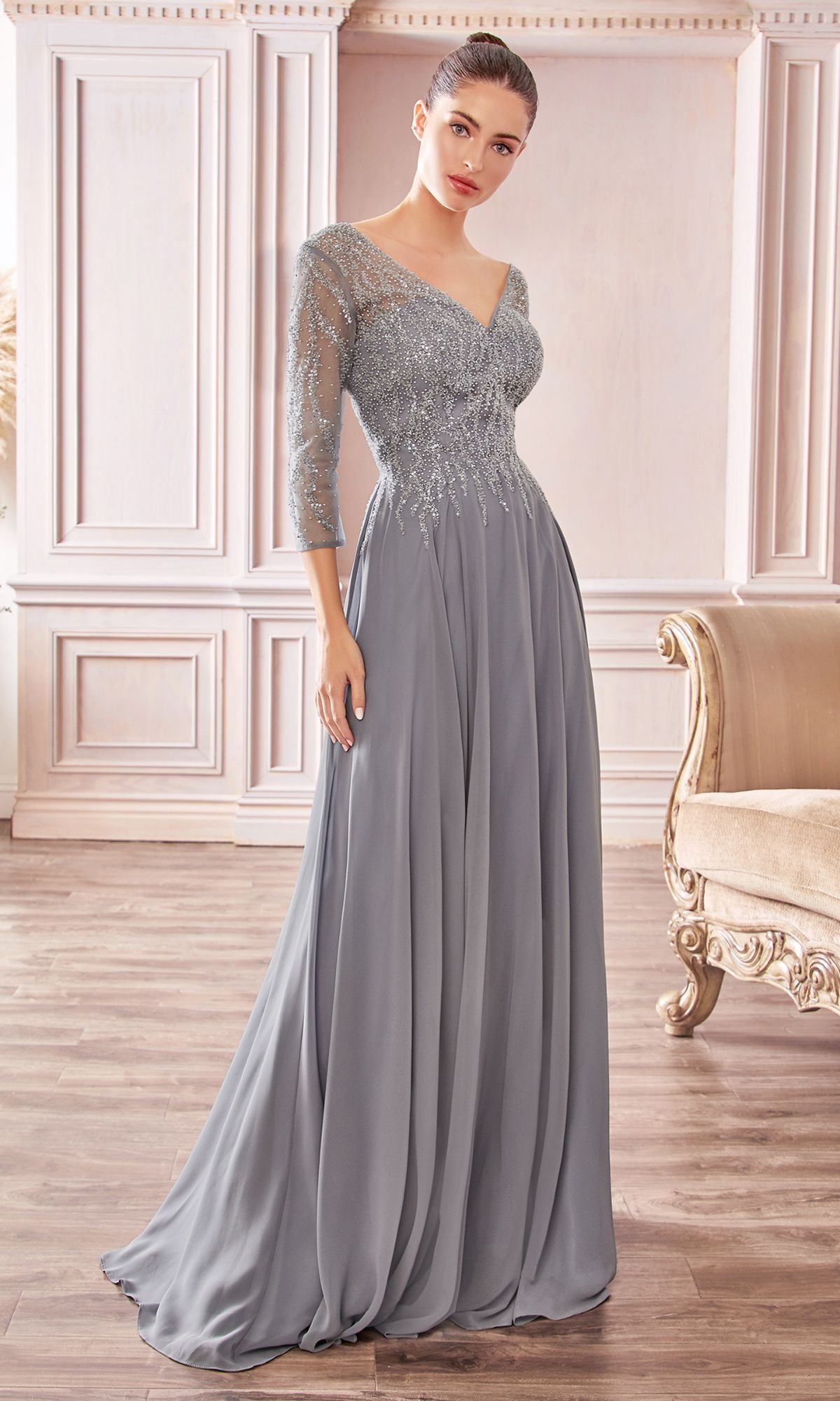 Glitter-Bodice Long Prom Dress: Ladivine CD0171