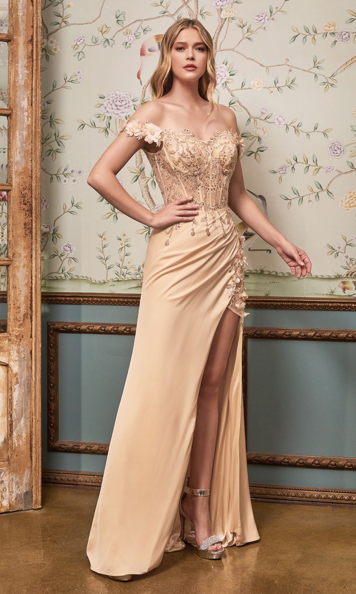 A-line Glamorous Off-the-Shoulder Long Evening Dress With Slit PG416