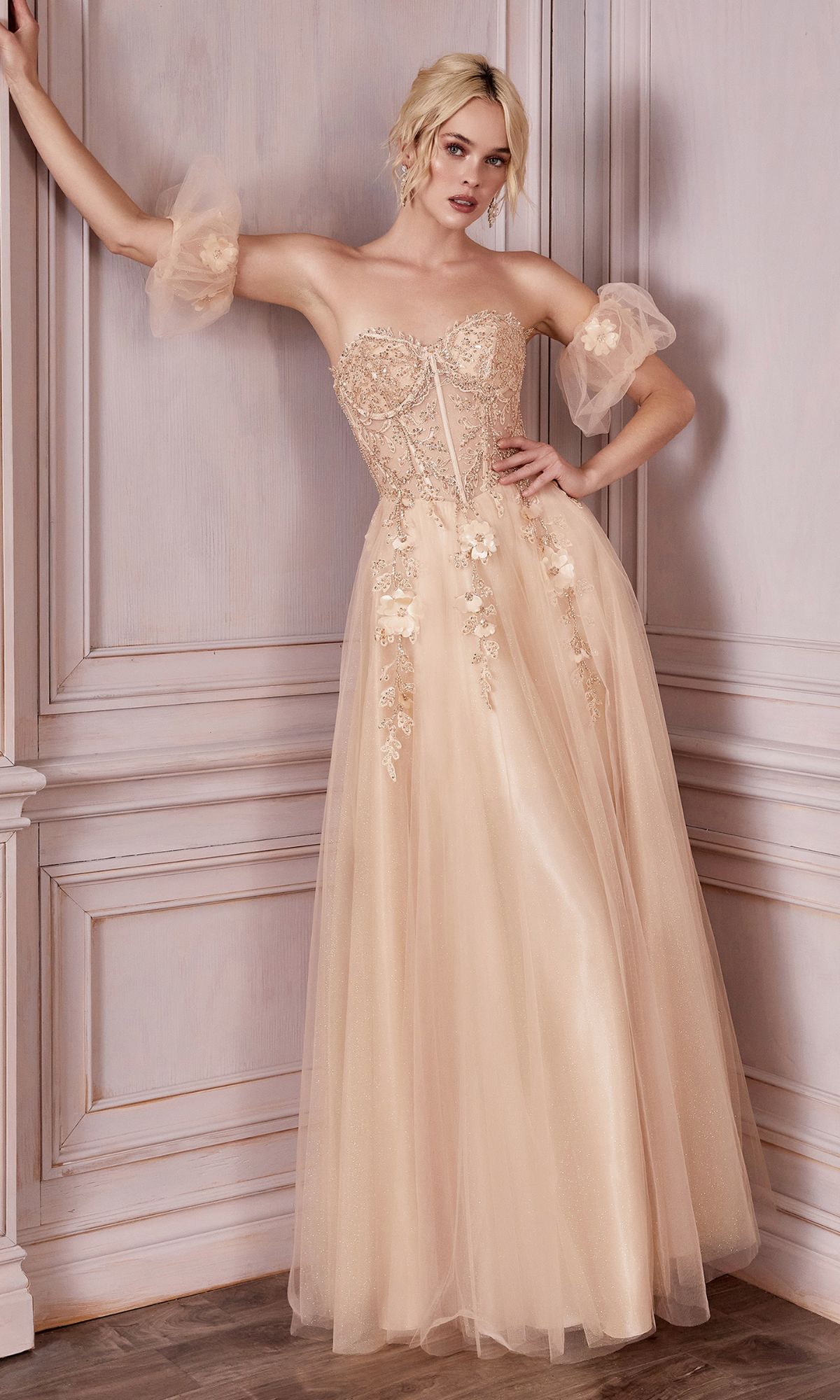 Puff Sleeve Strapless Long Prom Dress CD0191