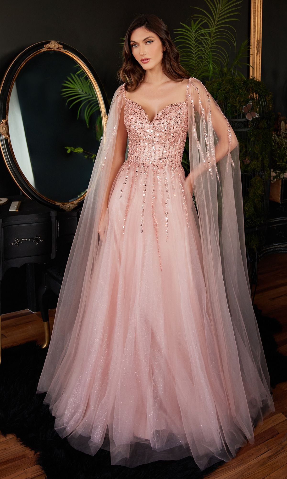 Cape-Sleeve Long Beaded Prom Dress CD0204