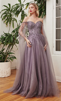 Cape-Sleeve Long Beaded Prom Dress CD0204