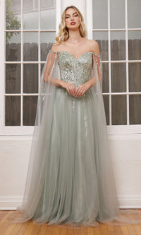 Cape-Sleeve Long Beaded Prom Dress CD0204