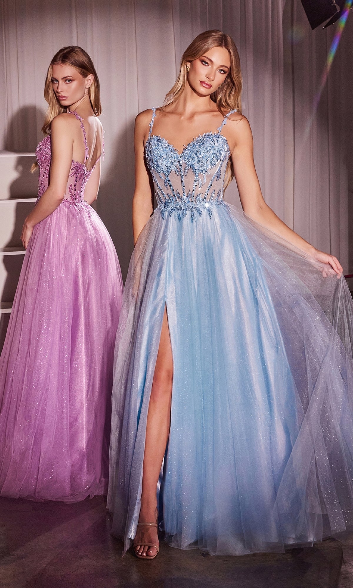 Glitter-Tulle Long Prom Dress: Ladivine CD0234