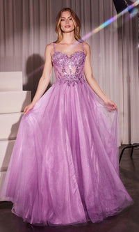 Glitter-Tulle Long Prom Dress: Ladivine CD0234