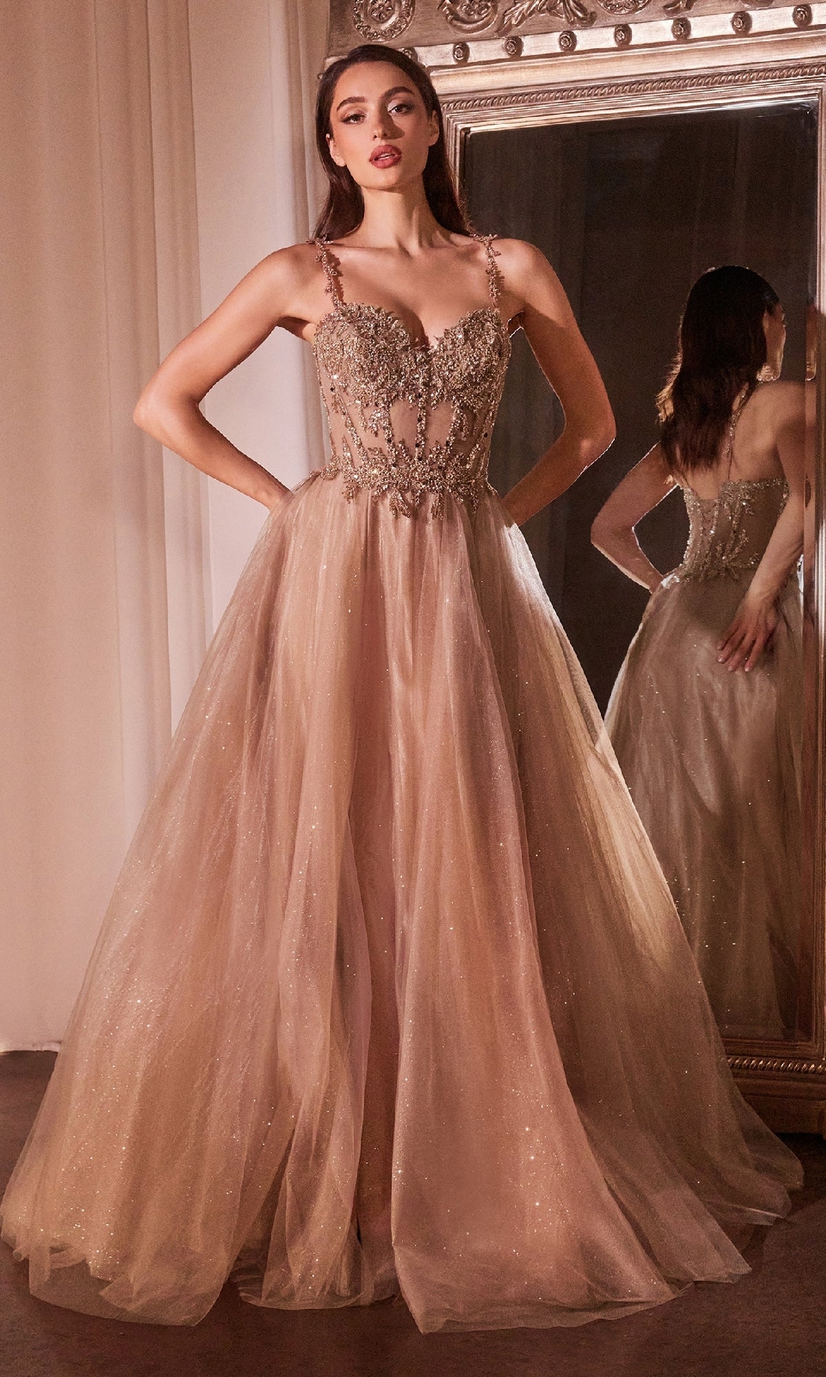 Glitter-Tulle Long Prom Dress: Ladivine CD0234