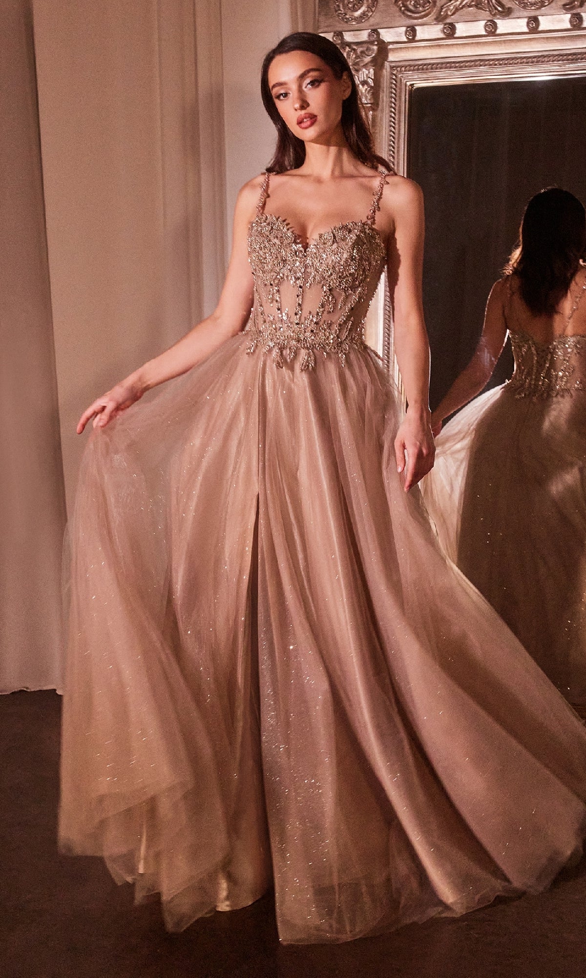 Glitter-Tulle Long Prom Dress: Ladivine CD0234