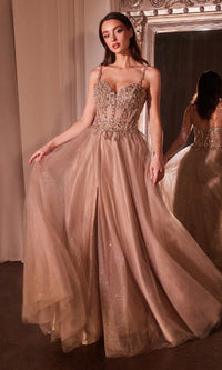 Glitter-Tulle Long Prom Dress: Ladivine CD0234