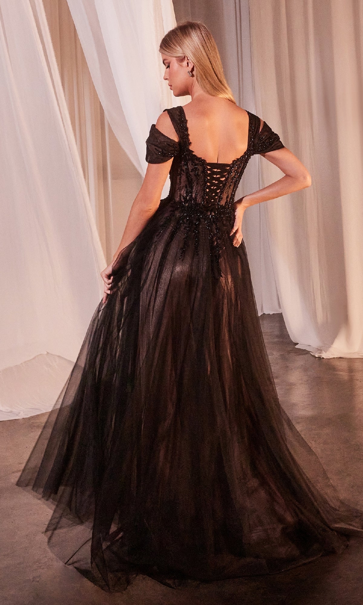 Lace-Up Long Black Prom Dress: Ladivine CD0237