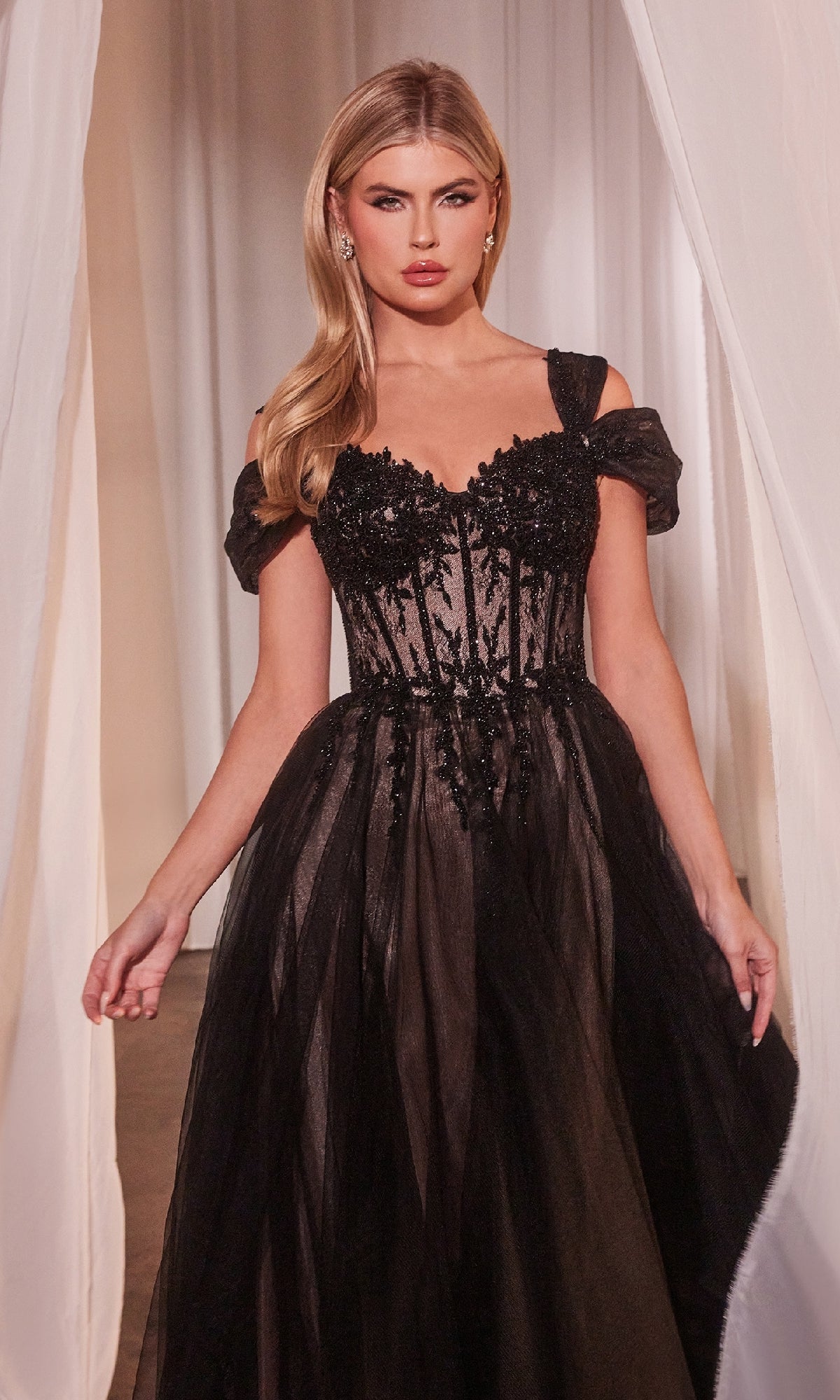 Lace-Up Long Black Prom Dress: Ladivine CD0237