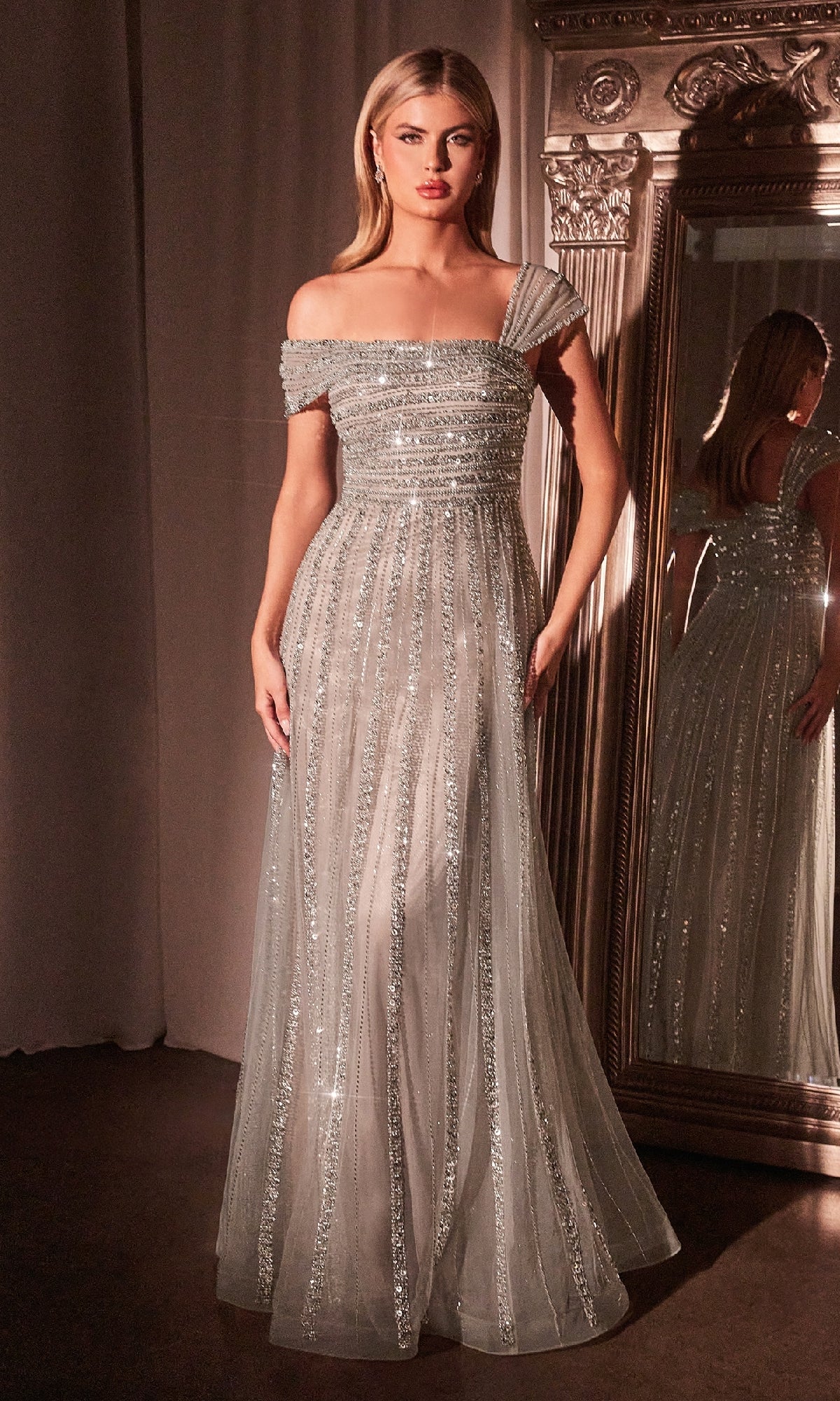 Cap-Sleeve Long Beaded Prom Dress: Ladivine CD0238