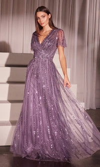 Flutter-Sleeve Long Prom Dress: Ladivine CD0241