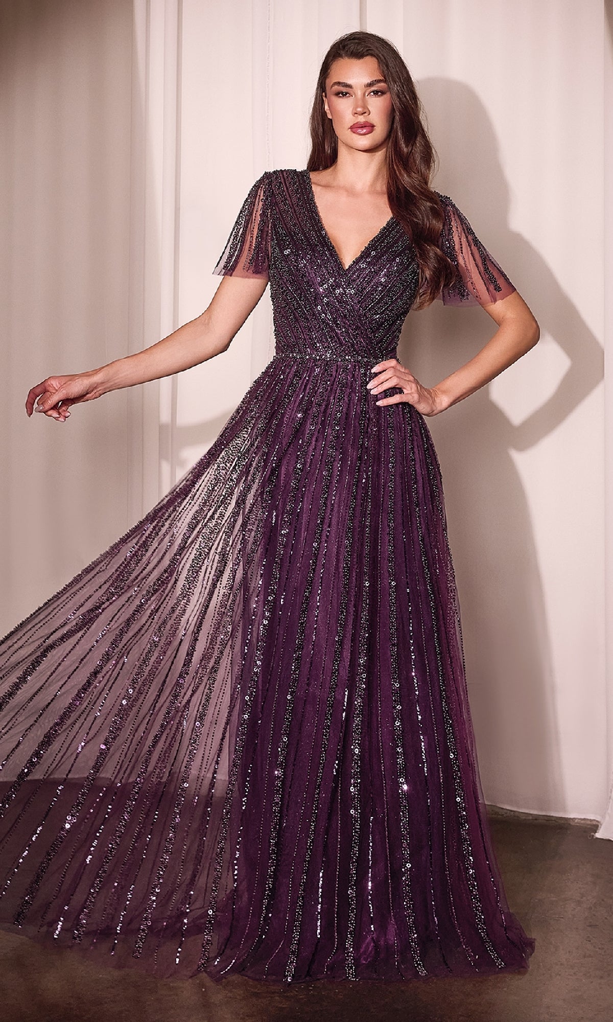 Flutter-Sleeve Long Prom Dress: Ladivine CD0241