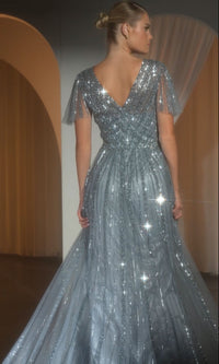 Flutter-Sleeve Long Prom Dress: Ladivine CD0241