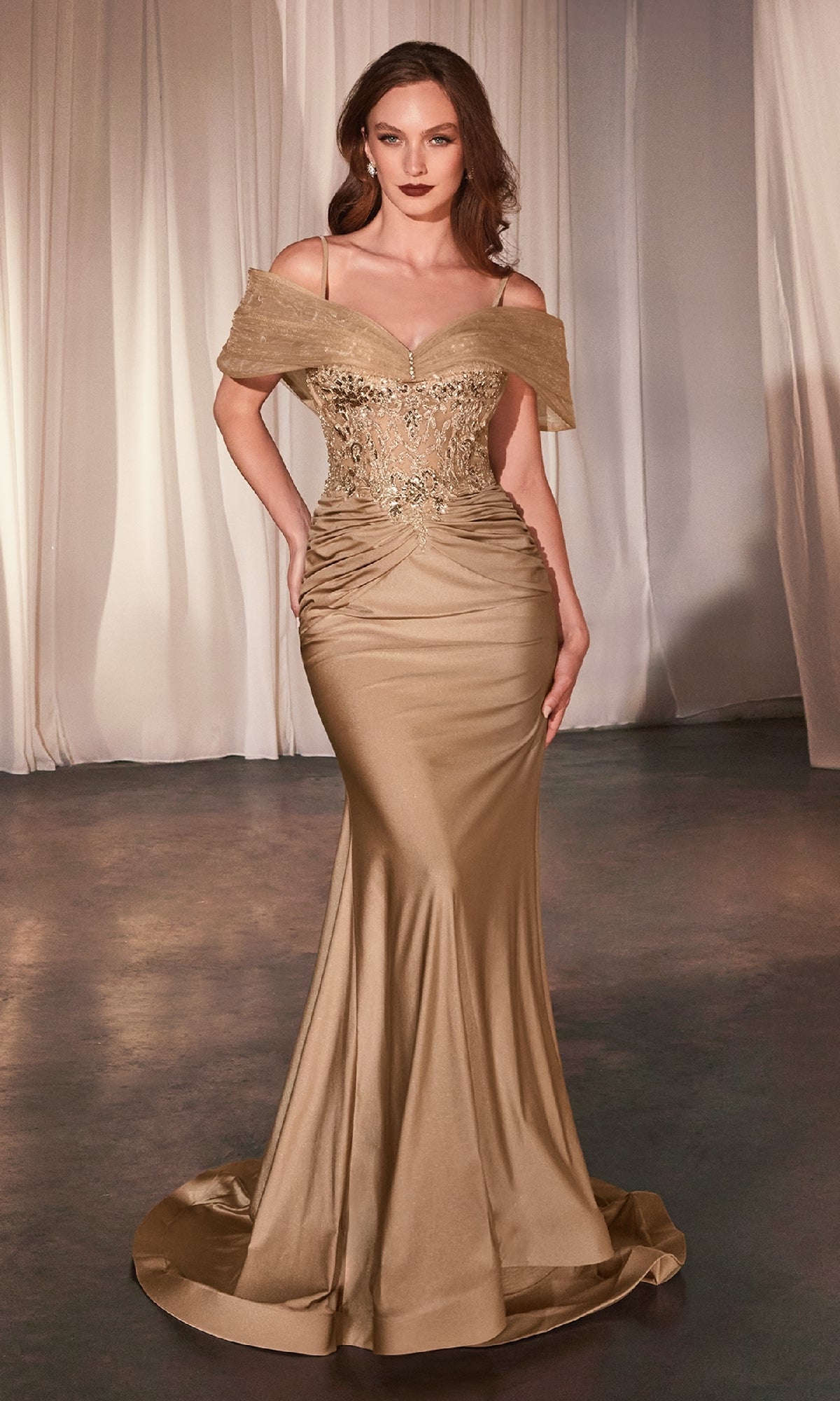 Sheer Lace-Bodice Long Prom Dress: Ladivine CD798