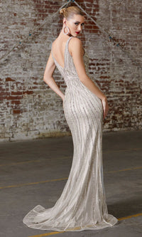 Deep V-Neck Long Beaded Prom Dress: Ladivine CD901