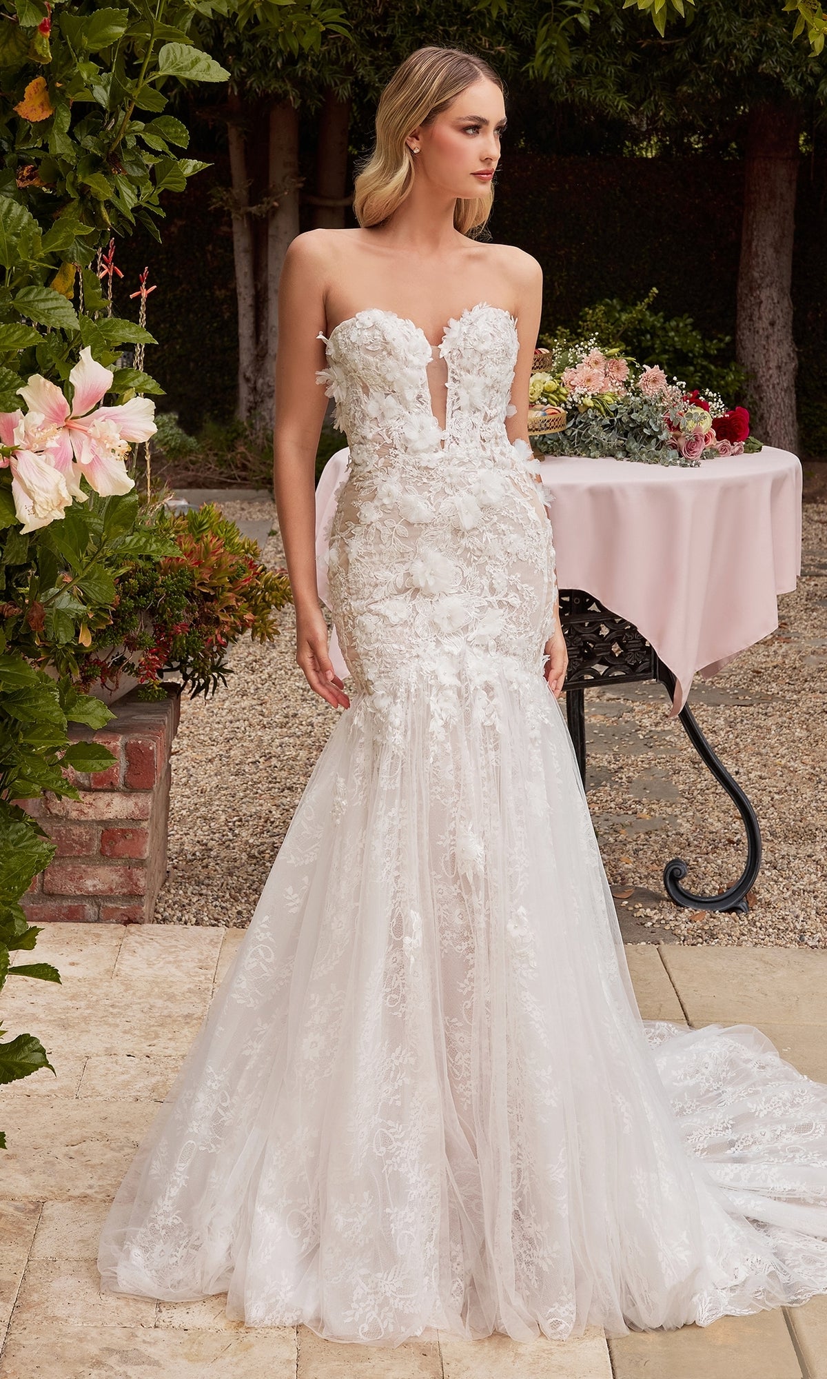 Long Lace Off-White Mermaid Bridal Gown - PromGirl