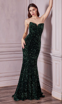 Sheer-Sides Strapless Long Sequin Prom Dress CH151