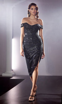 Off-the-Shoulder High-Low Sequin Party Dress CH190