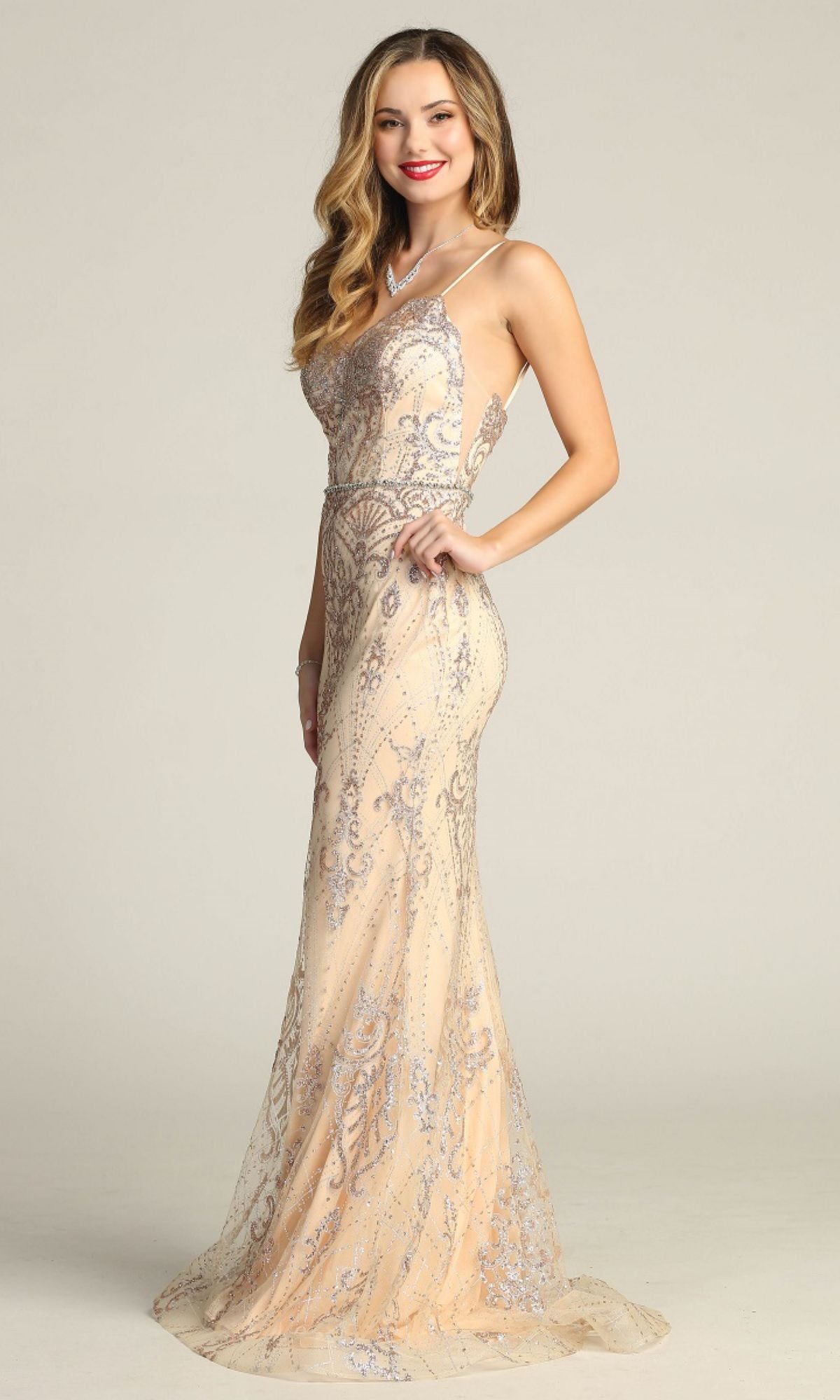 Lace-Up Long Glitter Prom Dress: Chicas CHF3053