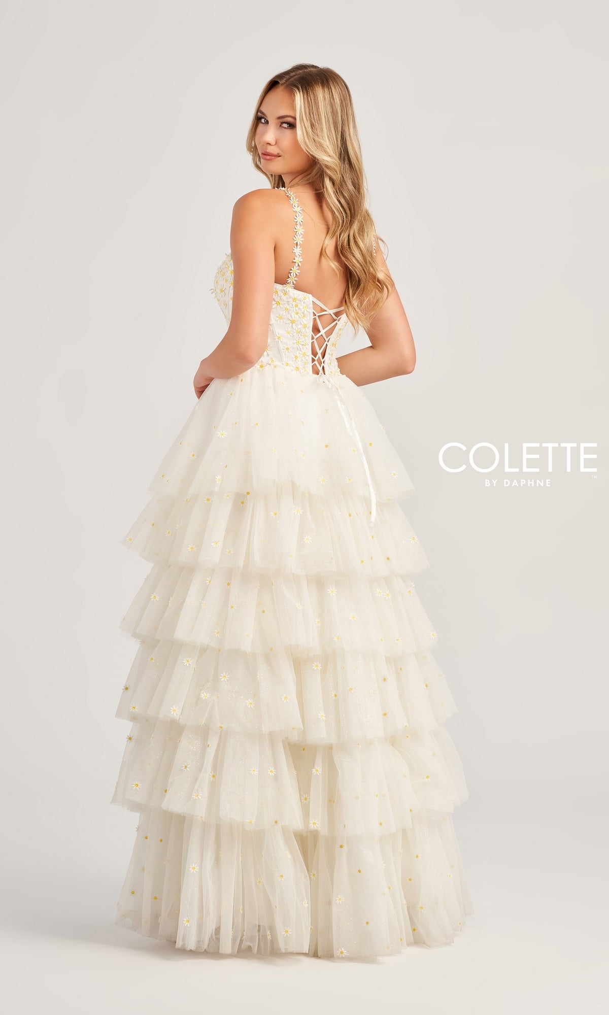 High-Low Tiered Prom Dress with Daisies - PromGirl