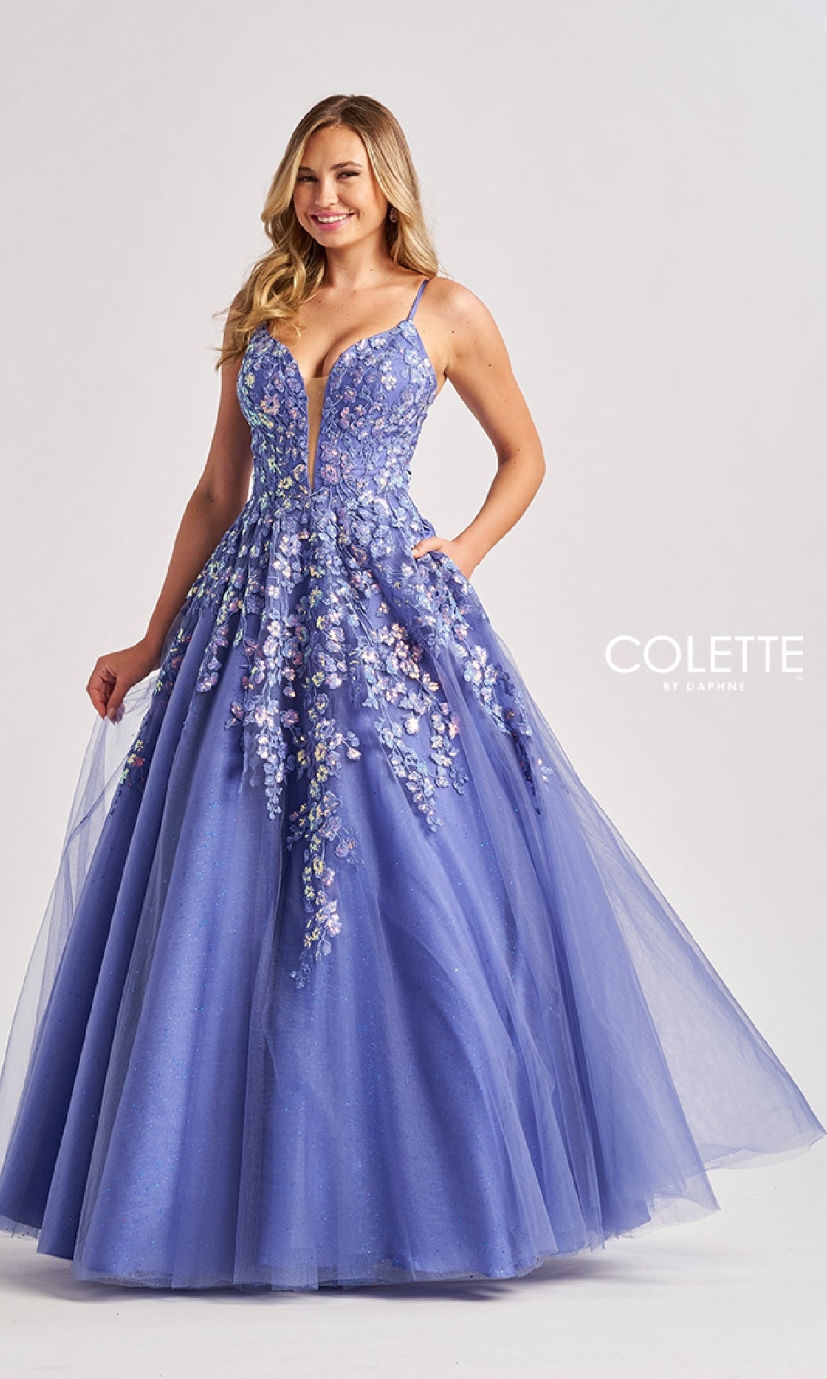 Low V-Neck Glitter Prom Ball Gown: Colette CL8420