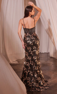 Gold-Trimmed Long Black Prom Dress: Ladivine CM358