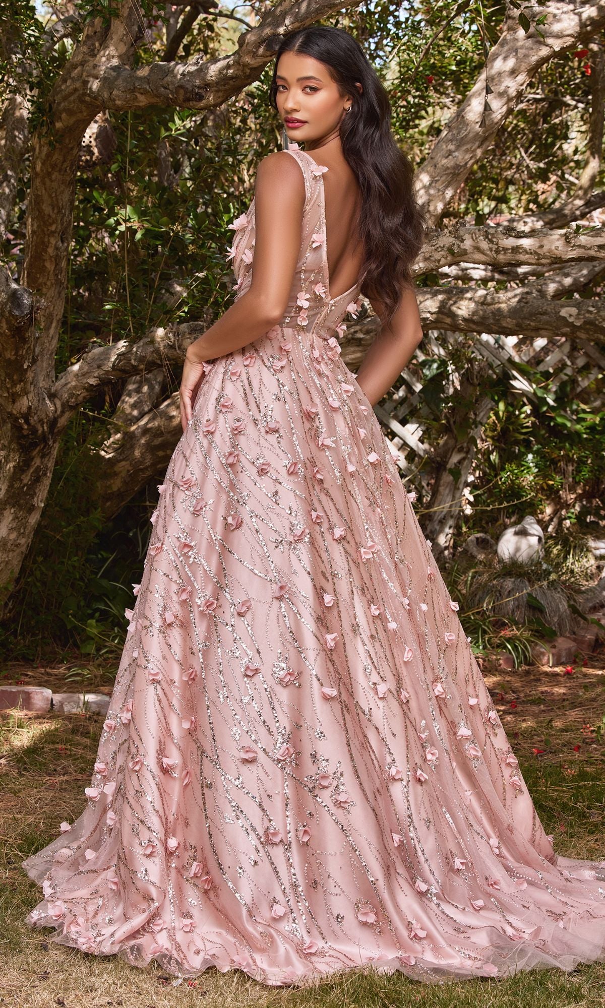 Rose Gold Long Prom Ball Gown with Flowers CB085