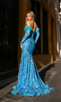 Strapless Sequin-Print Prom Dress with Gloves D1269