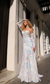 Strapless Sequin-Print Prom Dress with Gloves D1269