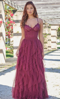 Velvi Lace-Bodice Long Ruffled Prom Dress Dahlia