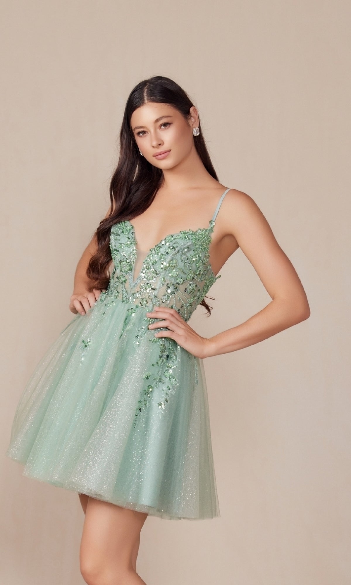 Glitter Tulle Homecoming Dress: Nox Anabel E902