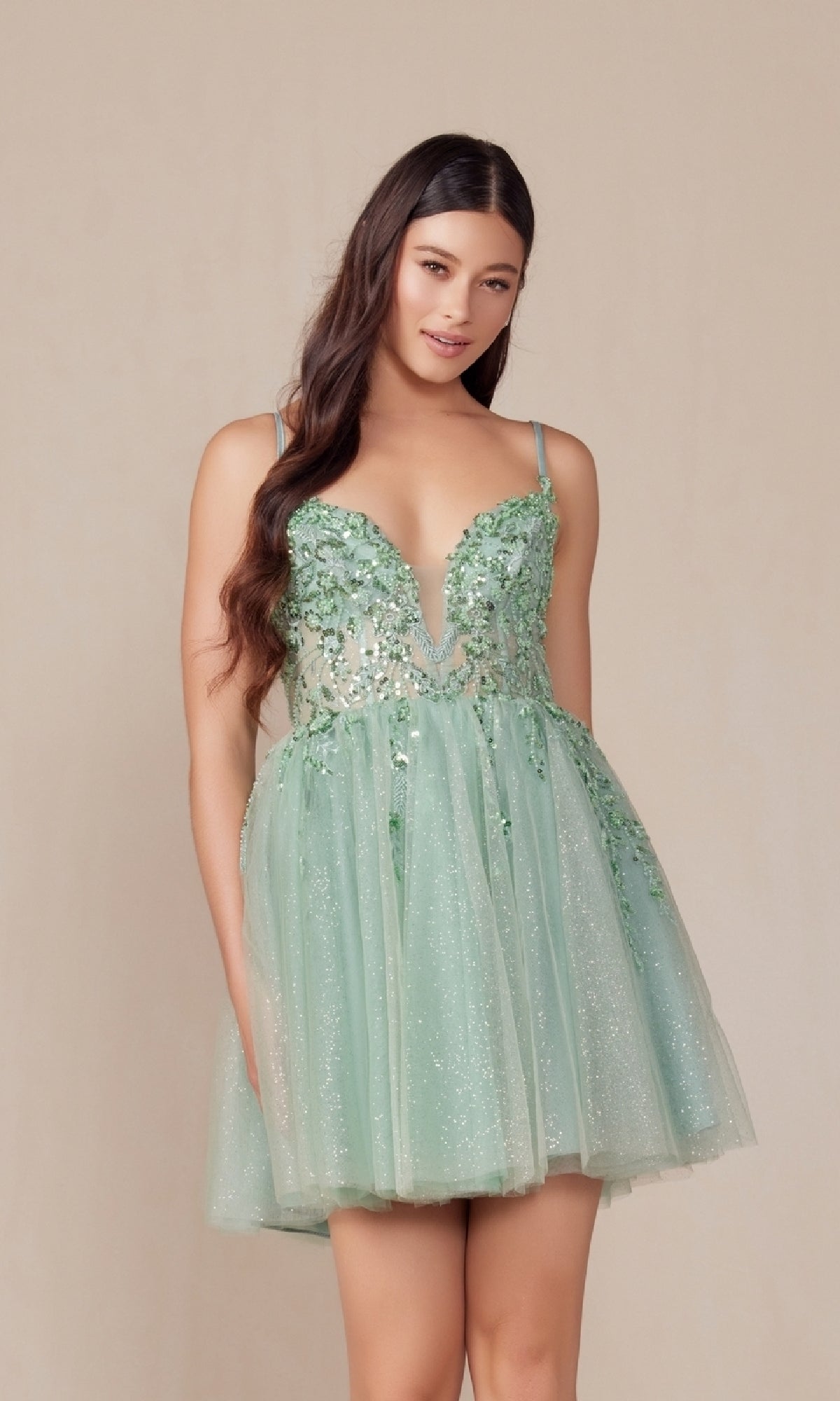 Glitter Tulle Homecoming Dress: Nox Anabel E902