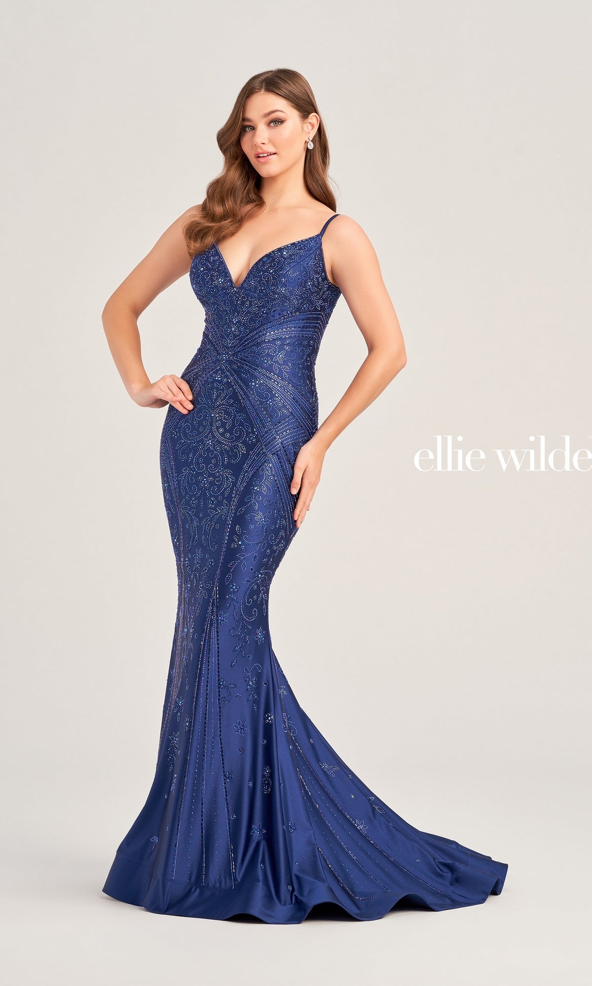 Long Beaded Ellie Wilde Designer Prom Dress - PromGirl