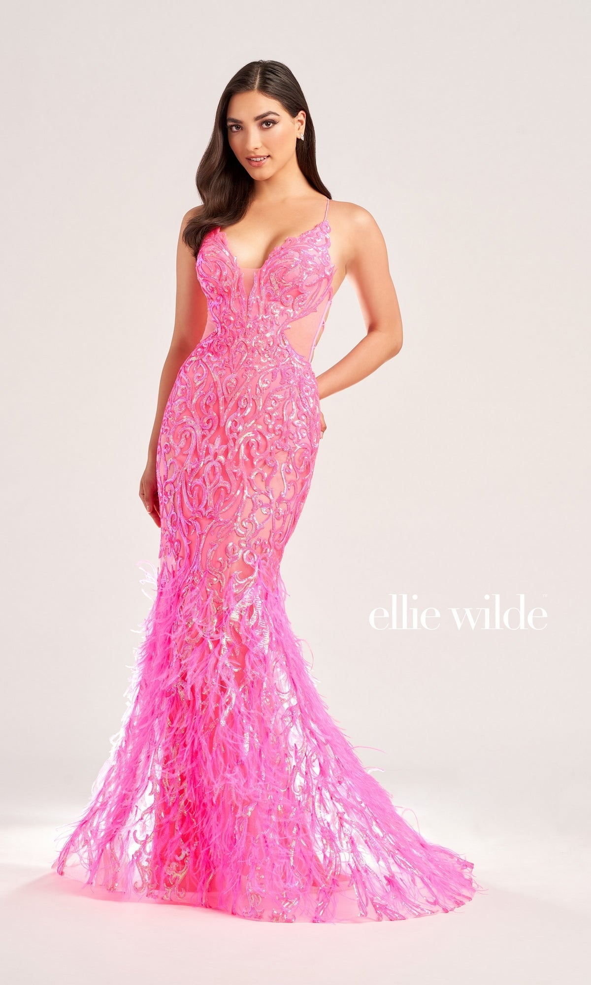 Long Designer Prom Dress with Feathers - PromGirl