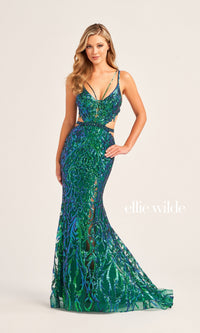 Ellie Wilde Cut-Out Long Sequin Prom Dress EW35007